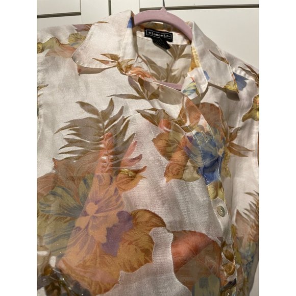 Elementz Sheer Floral Blouse 3/4 Sleeve Button Down Shirt Top Cream Size M - Picture 7 of 12